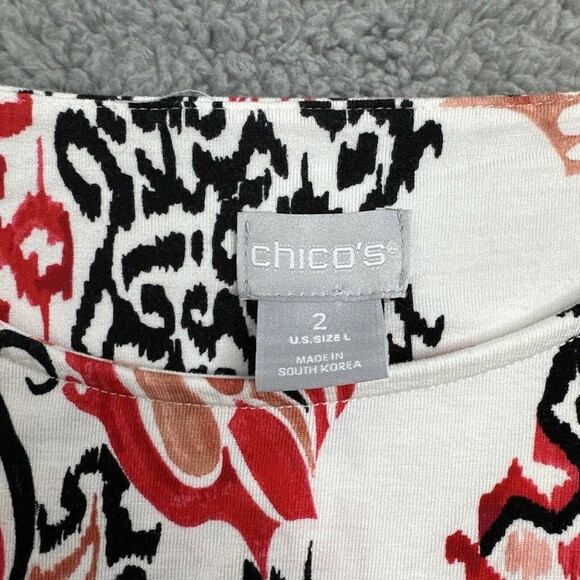 Chico’s Tunic Top Women’s 2 Paisley Ikat Stretch Knit Cap Sleeve Boho Blouse - Picture 4 of 15